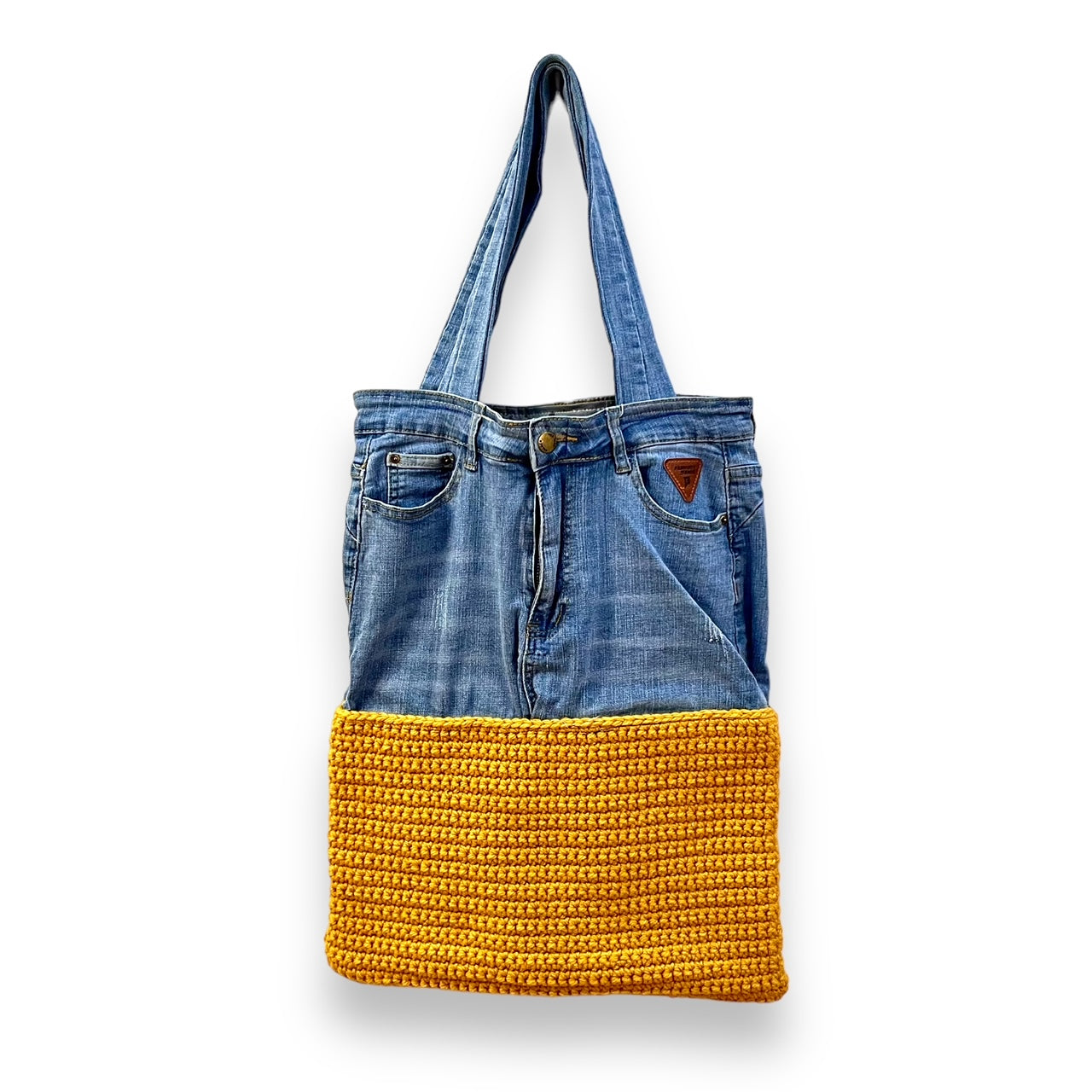 Yellow Denim and Crochet Tote Bag