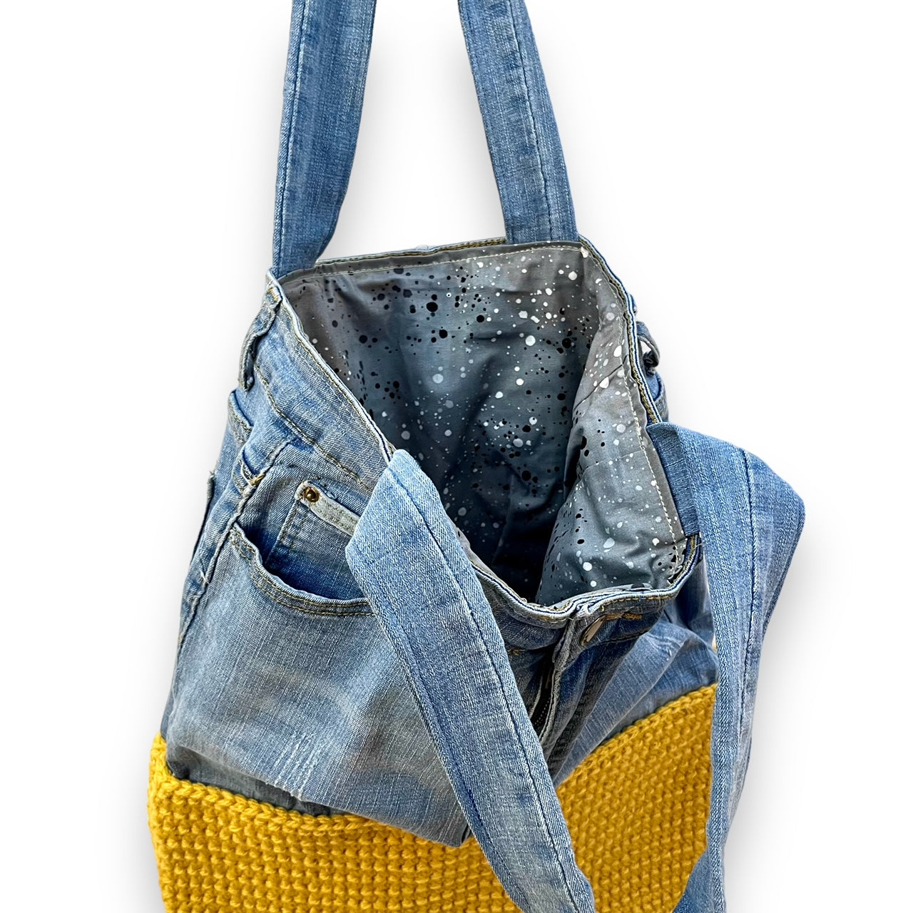 Yellow Denim and Crochet Tote Bag
