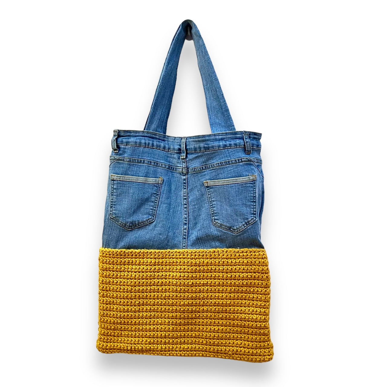 Yellow Denim and Crochet Tote Bag